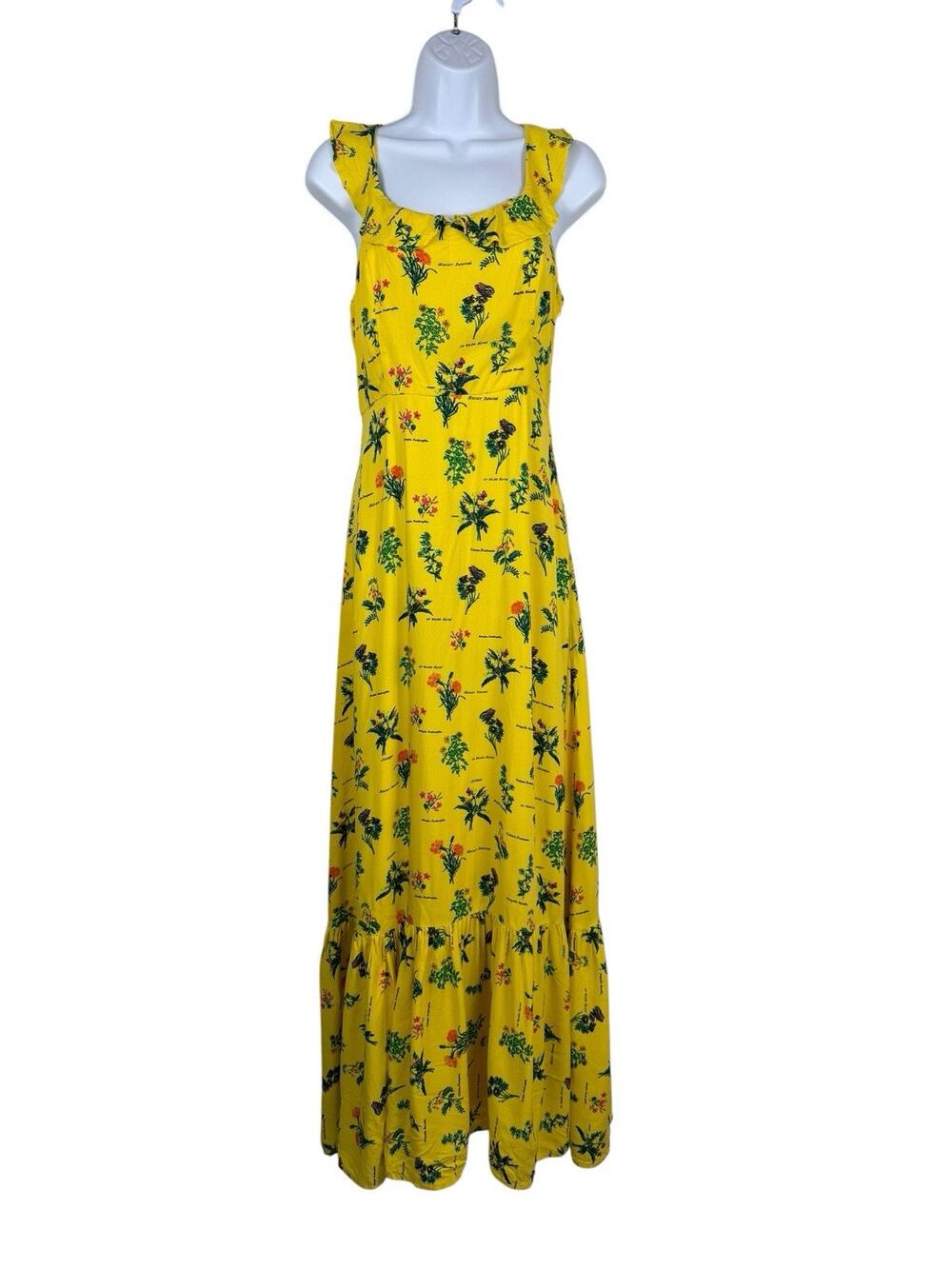 ModCloth Dress Womens Small Yellow Floral Maxi Open Tie Back Ruffle Cottagecore